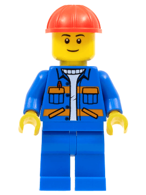 LEGO Blue Jacket with Diagonal Lower Pockets and Orange Stripes Red Construction Helmet (cty0889) Town / City Minifigure