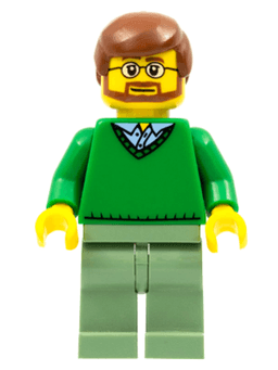 Green V-Neck Sweater, Sand Green Legs, Reddish Brown Hair, Beard