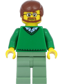 Green V-Neck Sweater over Button Down Shirt Collar with 1 Button, Sand Green Legs, Reddish Brown Hair, Beard