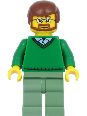Green V-Neck Sweater over Button Down Shirt Collar with 1 Button, Sand Green Legs, Reddish Brown Hair, Beard
