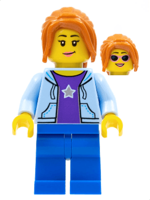 LEGO Hiker Female Bright Light Blue Hoodie over Dark Purple Star Shirt Dark Orange Ponytail (cty0911) Town / City Minifigure