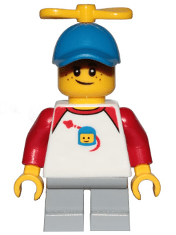 LEGO Boy Freckles Classic Space Shirt with Red Sleeves Light Bluish Gray Short Legs Blue Cap with Tiny Yellow Propeller (cty1015) minifigure