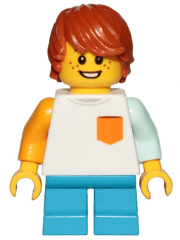 LEGO Boy Freckles White Shirt with Orange Pocket Dark Azure Short Legs Dark Orange Hair Tousled with Side Part (cty1023) minifigure