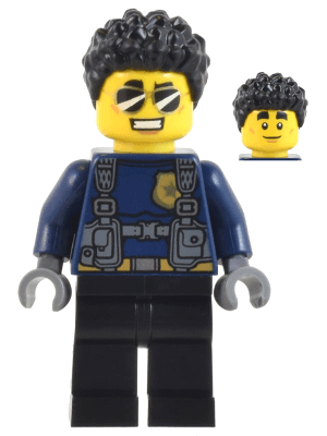 Police Officer - Male, Dark Blue Shirt with Harness, Black Legs, Black Coiled Hair, Sunglasses (Duke DeTain)