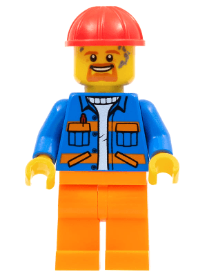 LEGO Blue Jacket with Diagonal Lower Pockets and Orange Stripes Red Construction Helmet (cty1161) Town / City Minifigure