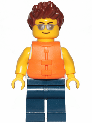 Tank Top with Surfer Silhouette, Dark Blue Legs, Reddish Brown Hair Spiked, Life Jacket 2 Straps, Silver Sunglasses
