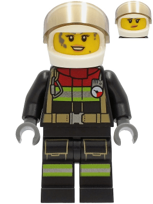 Fire - Female, Black Jacket and Legs with Reflective Stripes and Red Collar, White Helmet, Trans-Brown Visor, Dark Bluish Gray Splotches