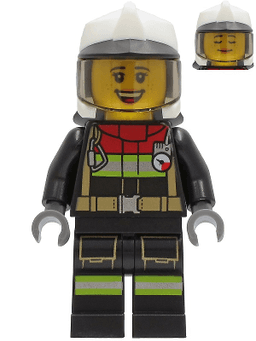 Fire - Female, Black Jacket and Legs with Reflective Stripes and Red Collar, White Fire Helmet, Trans-Brown Visor (Sarah Feldman)