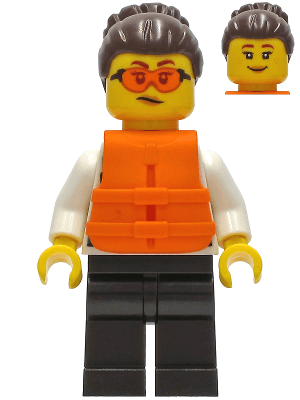 Police - Officer Gracie Goodhart, Dark Blue Vest, Black Legs, Dark Brown Hair with Bun, Safety Glasses, Orange Life Jacket