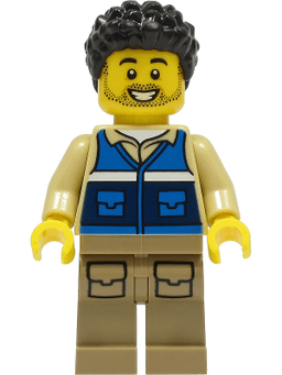 Wildlife Rescue Worker - Male, Blue Vest with 'RESCUE' Pattern on Back, Dark Tan Legs with Pockets, Black Hair