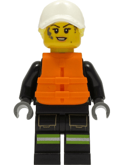 Fire - Female, Black Jacket and Legs with Reflective Stripes and Red Collar, White Cap with Bright Light Yellow Ponytail Hair, Orange Life Jacket, Dark Bluish Gray Splotches