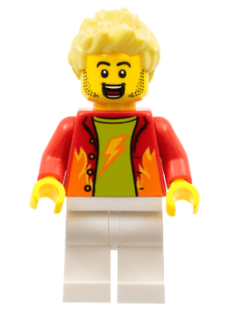 Dynamo Doug - Stuntz Announcer, Red Jacket over Lime Shirt, White Legs, Bright Light Yellow Spiked Hair