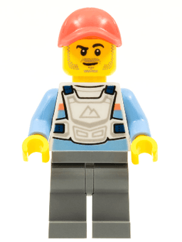 Alex - Stuntz Driver, White Racing Chest Protector with Medium Blue Arms, Dark Bluish Gray Legs, Coral Cap, Stubble