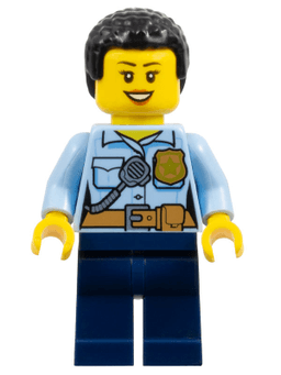 Police - City Officer Female, Bright Light Blue Shirt with Badge and Radio, Dark Blue Legs, Short Black Curly Hair