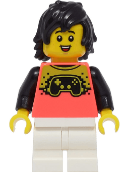 Boy - Coral Shirt with Video Game Controller, White Medium Legs, Black Hair