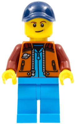 Lunar Research Astronaut - Male, Dark Orange Classic Space Jacket, Dark Azure Legs, Dark Blue Cap with Hole, Lopsided Smile (Rover Driver)