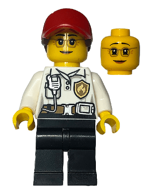 Fire - Female White Shirt with Fire Logo Badge and Belt, Black Legs, Red Cap with Ponytail