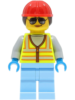 Space Engineer - Female, Neon Yellow Safety Vest with Reflective Stripes, Bright Light Blue Legs, Red Construction Helmet with Dark Brown Ponytail Hair, Sunglasses
