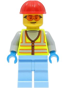 Space Engineer - Male, Neon Yellow Safety Vest with Reflective Stripes, Bright Light Blue Legs, Red Construction Helmet, Safety Glasses