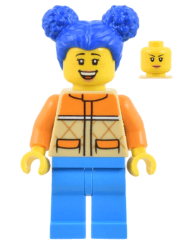Woman - Tan and Orange Quilted Vest, Dark Azure Legs, Blue Hair with Buns, Freckles