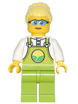 Farmer Peach - Lime Overalls over White Shirt, Lime Legs, Bright Light Yellow High Bun, Glasses
