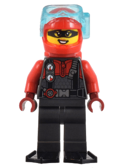 Police - Crook, Female, Red and Pearl Dark Gray Diving Suit, Black Flippers, Red Helmet and Air Tanks, Trans-Light Blue Diver Mask (Betsy Bass)