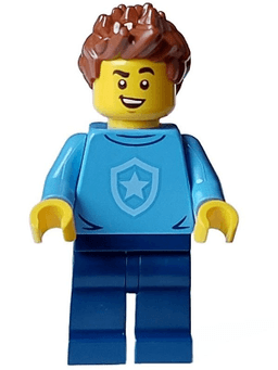 Police - City Officer in Training Male, Medium Blue Shirt with Badge, Dark Blue Legs, Reddish Brown Hair, Open Mouth Smile