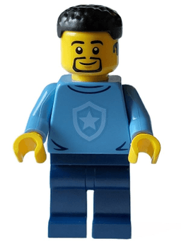 Police - City Officer in Training Male, Medium Blue Shirt with Badge, Dark Blue Legs, Black Short Hair, Beard, Hearing Aid
