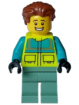 Paramedic - Male, Dark Turquoise and Neon Yellow Safety Vest, Sand Green Legs, Reddish Brown Hair, Open Mouth Smile