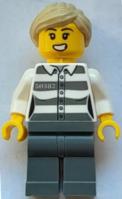 Police - Jail Prisoner 50382 Prison Stripes, Female, Dark Bluish Gray Legs, Open Mouth, Tan Ponytail