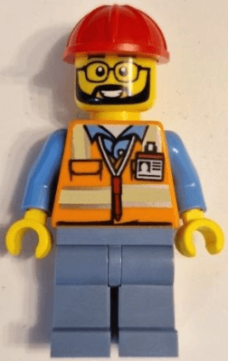 Construction Worker - Male, Orange Safety Vest with Reflective Stripes, Sand Blue Legs, Red Construction Helmet