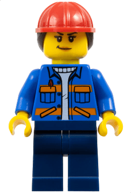 Construction Worker - Female, Blue Jacket with Diagonal Lower Pockets and Orange Stripes, Dark Blue Legs, Red Construction Helmet with Dark Brown Ponytail Hair