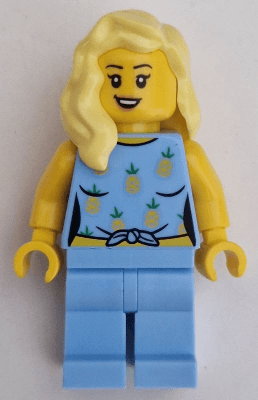 Car Driver - Female, Bright Light Blue Knotted Top with Pineapples and Legs, Bright Light Yellow Hair