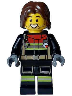 Fire - Male, Black Jacket and Legs with Reflective Stripes and Red Collar, Dark Brown Hair Mid-Length Tousled