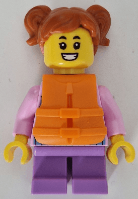 Child - Girl, Bright Pink Hoodie with Medium Blue and White Diagonal Stripes, Medium Lavender Short Legs, Dark Orange Hair with Pigtails, Orange Life Jacket