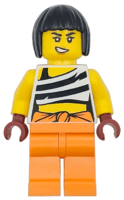 Police - City Bandit Crook Female, White Tank Top Cropped with Black Stripes, Orange Legs, Black Bob Cut Hair