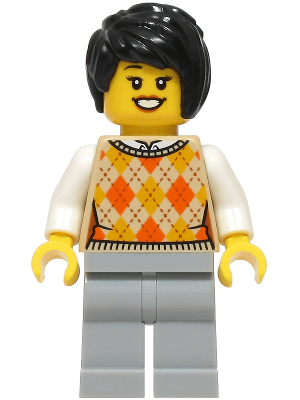 Hot Dog Stand Customer - Female, Tan Knit Argyle Sweater Vest, Light Bluish Gray Legs, Black Hair