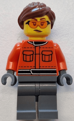 Formula 1 Race Crew Member - Female, Reddish Orange Racing Suit with Pockets, Dark Bluish Gray Legs, Reddish Brown Hair, Safety Glasses