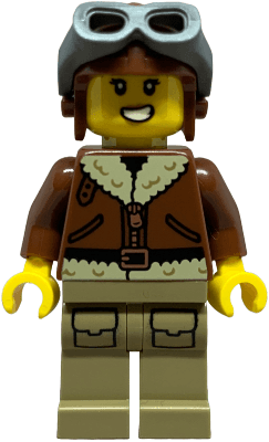 Airplane Soapbox Race Car Driver (Pilot) - Female, Reddish Brown Aviator Jacket, Dark Tan Legs with Pockets, Aviator Cap, Dark Bluish Gray Goggles