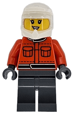 Formula 1 Pit Crew Member - Female, Reddish Orange Racing Suit with Pockets, Dark Bluish Gray Legs, White Dirt Bike Helmet