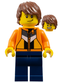 Soapbox Race Reporter - Male, Orange Jacket with Panels and Zipper, Dark Blue Legs, Reddish Brown Tousled Hair