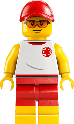 Beach Lifeguard - Male, White Shirt with EMT Star of Life, Red Shorts and Cap