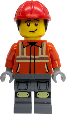 Construction Worker - Male, Reddish Orange Safety Jacket with Reflective Stripes, Dark Bluish Gray Legs with Knee Pads, Red Construction Helmet with Dark Brown Short Curly Hair