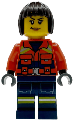 Coast Guard City - Female, Reddish Orange Jacket with Pockets and Reflective Stripes, Dark Blue Legs with Pockets and Reflective Stripes, Dark Brown Bob Cut Hair
