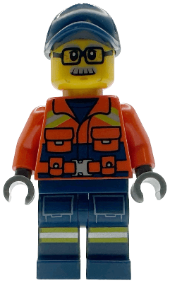 Coast Guard City - Male, Reddish Orange Jacket with Pockets and Reflective Stripes, Dark Blue Legs with Pockets and Reflective Stripes, Dark Blue Cap, Glasses and Moustache