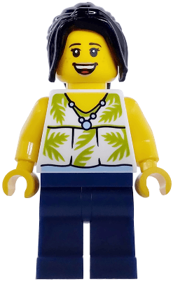 Plane Passenger - Female, White Sleeveless Top with Lime Palm Leaves, Dark Blue Legs, Black Hair Ponytail
