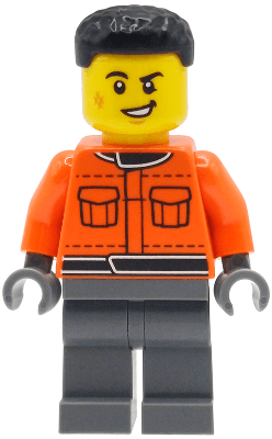 Formula 1 Pit Crew Member - Male, Reddish Orange Racing Suit with Pockets, Dark Bluish Gray Legs, Black Hair, Scuff Mark