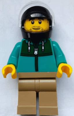 Stunt Driver - Male, Dark Turquoise Jacket with Dark Green Panel, Dark Tan Legs, Black Helmet, Trans-Clear Visor