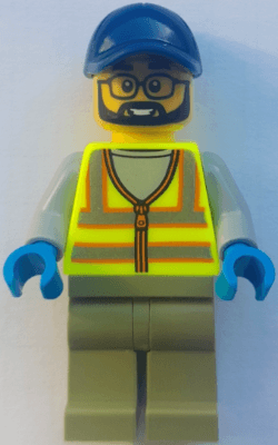 Street Sweeper - Male, Neon Yellow Safety Vest with Reflective Stripes, Olive Green Legs, Dark Blue Cap