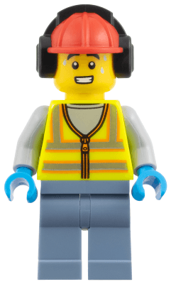 Airport Worker - Male, Neon Yellow Safety Vest with Reflective Stripes, Sand Blue Legs, Red Construction Helmet with Black Ear Protectors / Headphones